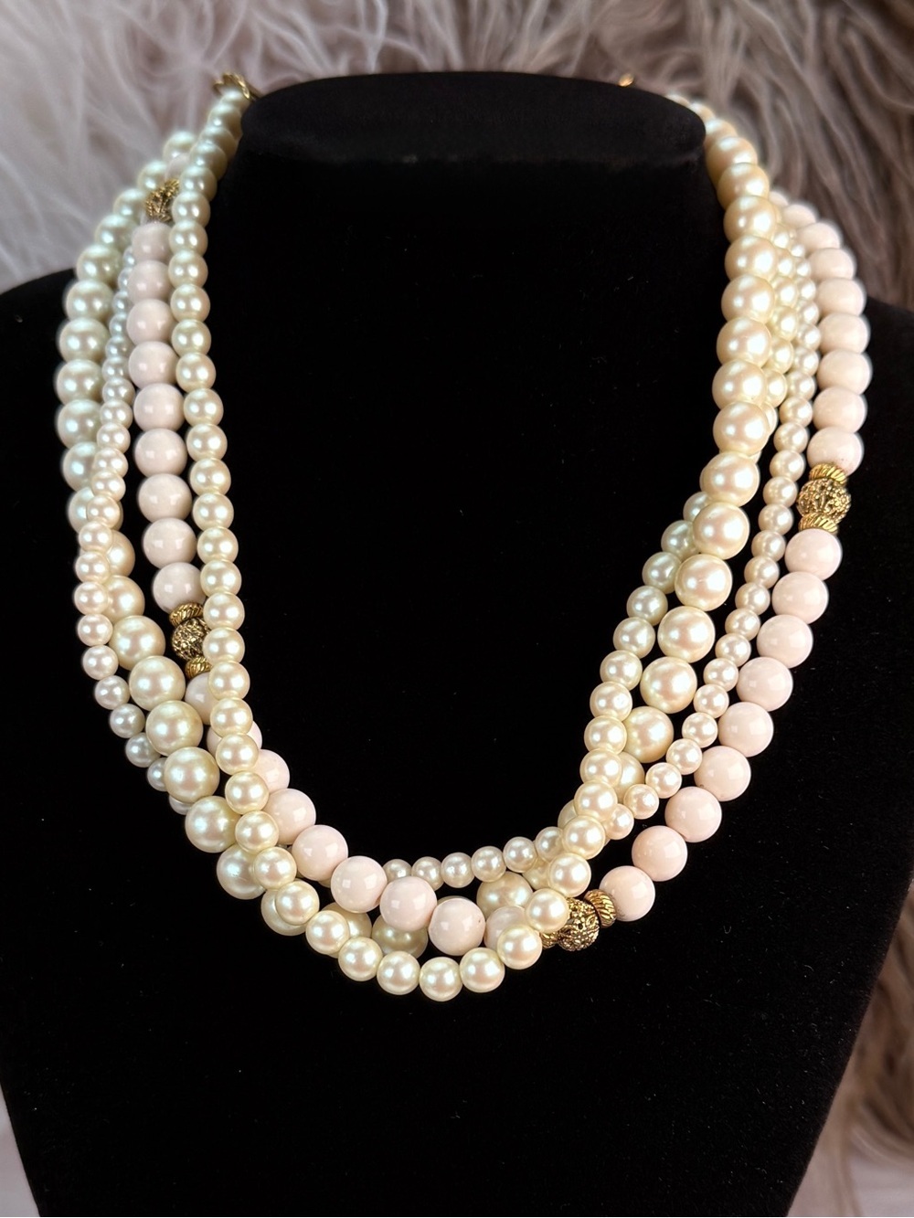 1928 Multi Strand Cream Blush Bead Gold Tone Statement Necklace Vintage